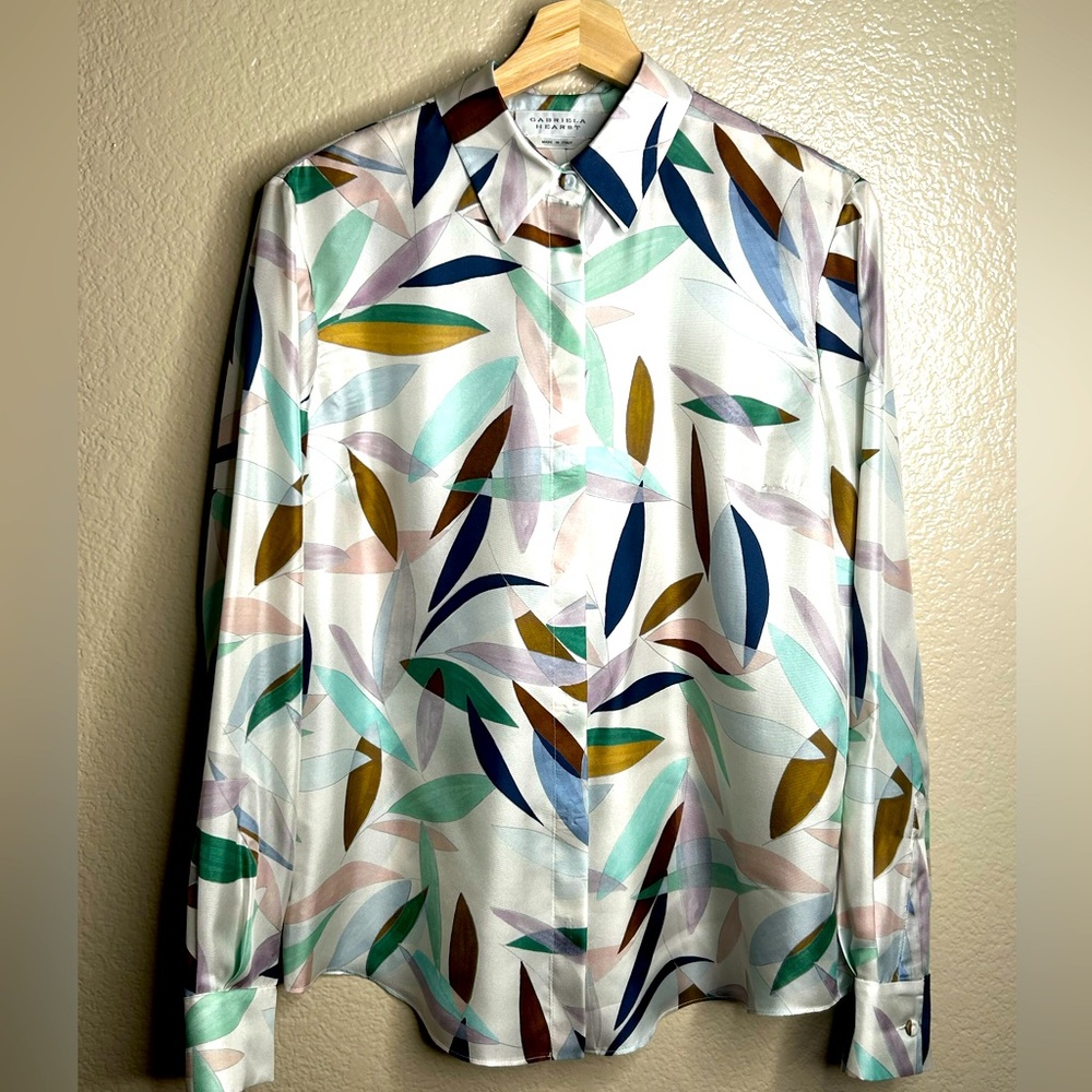 Gabriela Hearst Leaf Print Silk Button Up Blouse Top Size 42 Made in Italy